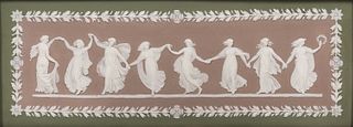 Wedgwood Tricolor Jasper Dip Dancing Hours Plaque, England, mid-19th century, rectangular shape with applied white relief to a lilac center bordered w