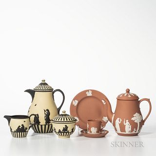 Six Modern Wedgwood Jasper Items, England, late 20th century, a three-piece primrose tea set with applied black classical figures and engine turning, 