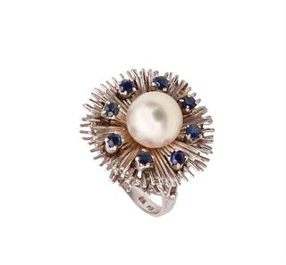 Pearl, sapphires & 14k Gold Retro Ring