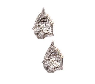 3.71 Ctw Diamonds & pearls Platinum Earrings