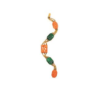 Jade and Coral Chinoiserie 14 k Bracelet 