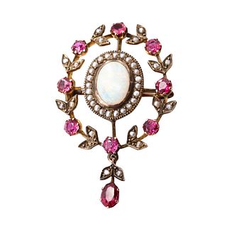 Rubies, Opal, Seed pearls & 14k Pendant Brooch