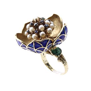 Pearls, Sapphires  articulated 14k Enamel Ring