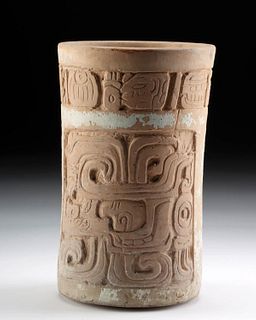 Maya Pottery Cylinder Vessel w/ Stucco & Incised Design