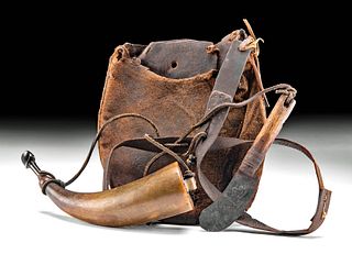 19th C. USA Leather Possibles Bag, Powderhorn, & Knife