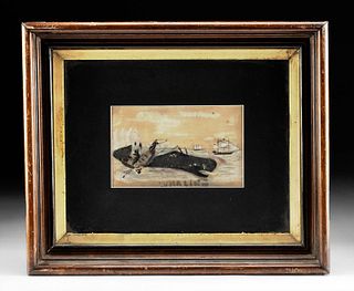 Framed 19th C. American Ink & Gouache of Whale Hunters