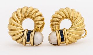 18K Yellow Gold Mabe Pearl & Sapphire Earrings