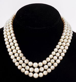 Three Strand Pearl Choker Necklace w/ 10K Clasp
