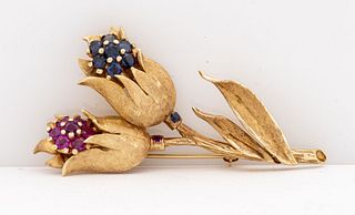 14K Yellow Gold Ruby & Sapphire Flower Brooch