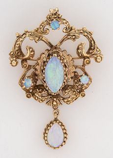 Rococo Revival Style 14K Yellow Gold Opal Brooch