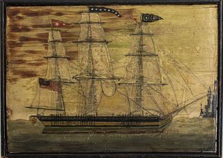 American Maritime Folk Art Oil on Panel