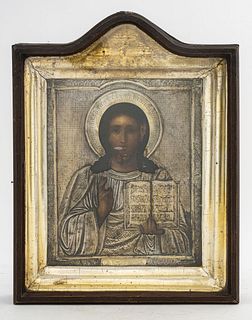 Russian Icon of Christ with Gilded Silver Oklad