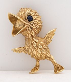 14K Yellow Gold Sapphire Baby Bird Brooch / Pin