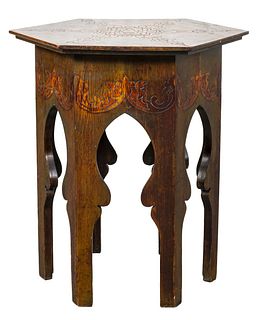 Orientalist Pyrographic Hexagonal Side Table