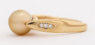 T&S 14K Yellow Gold Cultured Pearl & Diamond Ring