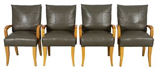 Modern Quilted Leather Blonde Wood Arm Chairs, 4