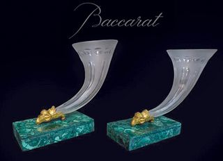 A Pair of Baccarat Crystal, Malachite Gilt Bronze Vases