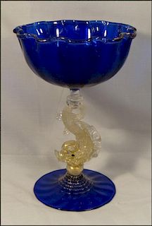 COBALT VENETIAN GLASS DOLPHIN COMPOTE 10" TALL