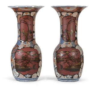 Pair of red enamel Japanese Samson vases 