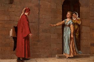 Italian school of the 19th century. 
"Dante going to Beatrice's house", 1873. 
Oil on striped board.