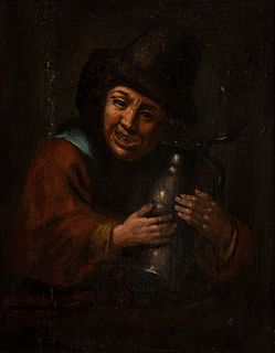 Dutch school of the second half of the seventeenth century. 
"Drinker". 
Oil on panel (with slats on its back).