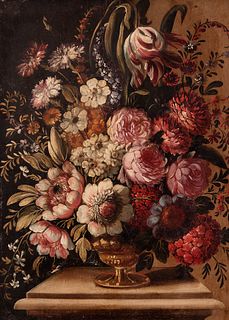 Spanish School, Followed by BARTOLOMÉ PÉREZ; XVII century. 
"Still life with flowers". 
Oil on panel.