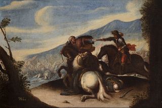 Circle of JUAN BAUTISTA DE TOLEDO (Lorca?, 1618-Madrid, 1665). 
"Battle scene". 
Oil on canvas. Relined.