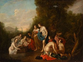 Dutch school; second third of the 18th century. 
"Moses rescued from the waters". 
Oil on canvas. Relined.
