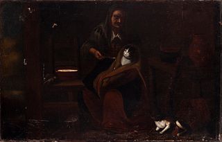 Italian school; second half of the 17th century. 
"Old woman raising a cat". 
Oil on canvas.