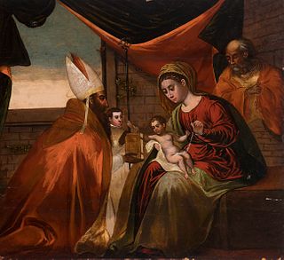 Cretan school of the 17th century. 
"St. Augustine before the Holy Family". 
Oil on panel.