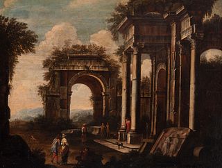LEONARDO COCCORANTE (Naples, 1680 - 1750). "Caprice ancient ruins", Oil on canvas. Relined.