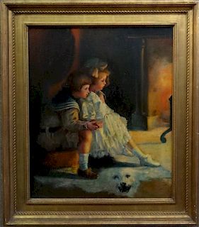 O/C "CHILDREN IN THE FIRE GLOW" SGND M. FISHER