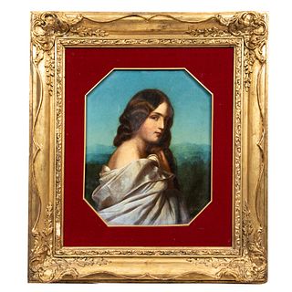A LA MANERA DE JEAN-AUGUSTE-DOMINIQUE INGRES. Retrato de dama. Óleo sobre lámina de zinc. 40 x 33.5 cm.