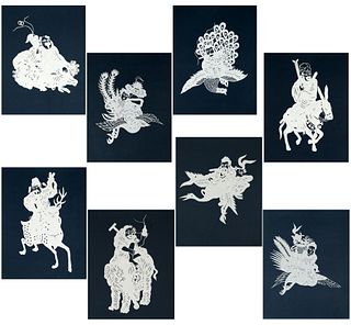 Los ocho inmortales. Arte popular chino. Papel picado sobre cartoncillo. En carpeta. Piezas: 8