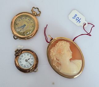 14k Gold Pocket Watches and a Cameo Brooch