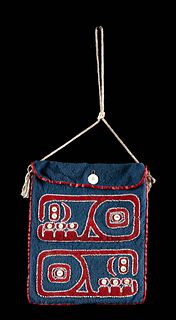 19th C. Tlingit Wool, Glass Bead, & Abalone Button Bag