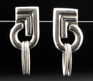 20th C. Spratling Silver Earrings, Deco Design w/ Rings