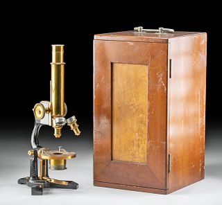 19th C. American Brass & Steel Microscope w/ Wood Case