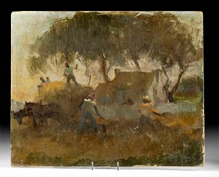 Signed 1935 Allen Palmer Painting - Farmers & House