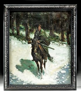 Framed 20th C. Painting of Man on Horseback by Stone