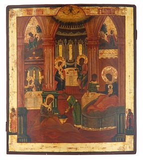 LARGE 19TH CENTURY NATIVITY OF MARY RUSSIAN ICON