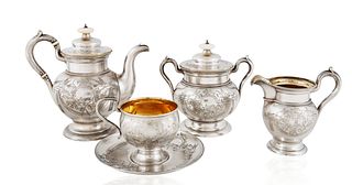 FOUR-PIECE RUSSIAN STYLE SILVER-PLATED TEA SERVICE