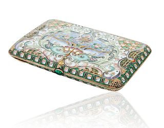 A RUSSIAN SILVER AND SHADED ENAMEL CIGARETTE CASE