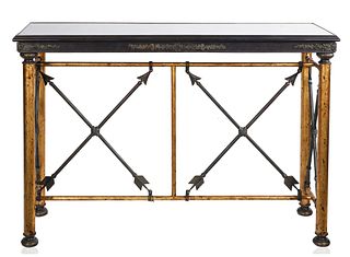 A CONTEMPORARY METAL AND BRASS CONSOLE TABLE