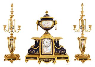 19TH CENTURY ORMOLU SEVRES STYLE CLOCK GARNITURE