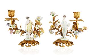PAIR OF PORCELAIN AND ORMOLU CANDLE HOLDERS