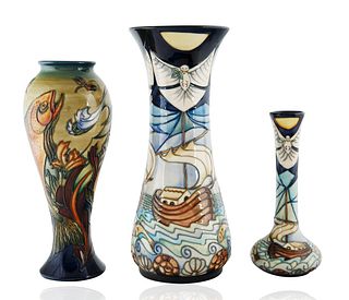 GROUP OF THREE MOORCROFT FISH AND WATER VASES