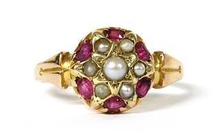 A Victorian 15ct gold split pearl and ruby cluster ring,