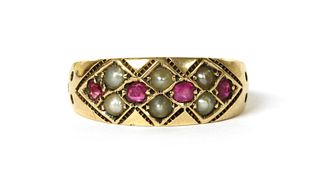 A Victorian 15ct gold ruby and split pearl ring,