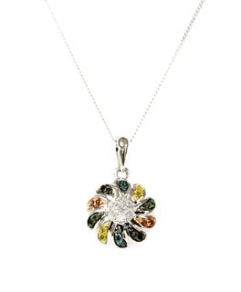 A white gold diamond and fancy coloured diamond pendant,